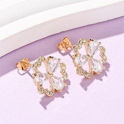 真鍮製 マイクロパヴェ キュービックジルコニア スタッドピアス 女性用  花  18KGP本金メッキ  13.5x14mm&nbsp;KK-CBACC01-07G