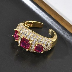 女性用真鍮マイクロパヴェキュービックジルコニアカフオープンリング  長持ちメッキ  ラックめっき  18KGP本金メッキ  濃いピンク  12.5mm  usサイズ8 1/2(18.5mm)&nbsp;RJEW-L343-13G-06