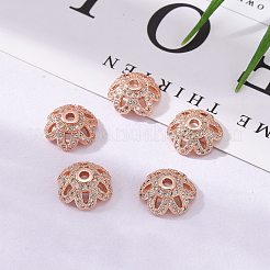 環境に優しい6枚の花びらの花真鍮マイクロパヴェキュービックジルコニアビーズキャップ  鉛フリーとニッケルフリー  ローズゴールド  11x4mm  穴：2mm&nbsp;LS-ZIRC-M098-01RG-FF