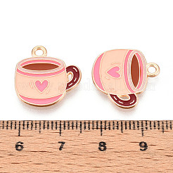 合金エナメルチャーム  ハートチャーム付きコーヒーカップ  ライトゴールド  桃パフ  17x16.7x1.2mm  穴：1.6mm&nbsp;X-ENAM-T022-29