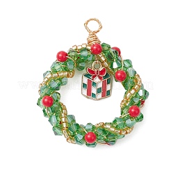 クリスマステーマの手作り織りシードビーズペンダント  合金ギフトチャーム付き  クリスマスリース  ミックスカラー  44~46x36~37x8~10mm  穴：4~5mm&nbsp;PALLOY-JF02838