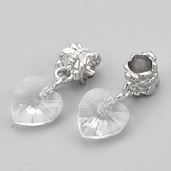合金ヨーロッパダングルチャーム  大穴ペンダント  ガラスと  ハート  透明  プラチナ  23mm  穴：4.5mm&nbsp;MPDL-S067-031P