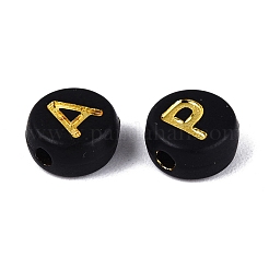 不透明なアクリルビーズ  アルファベット付きフラットラウンド  ゴールドライン入り  ブラック  ゴールド  6.5~7x3.5~4mm  穴：1.5~1.6mm  約3846個/500g&nbsp;SACR-Q001-04B-M