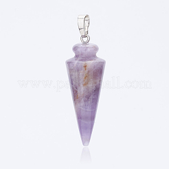 天然石アメジストペンダント  プラチナメッキ真鍮パーツ  コーン/スパイク/振り子  43~45x16mm  穴：5x7mm&nbsp;X-G-P236-07