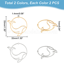 8個2色201ステンレスペンダント  中空  イルカと環  ゴールデン·ステンレス鋼色  33x33x1mm  穴：1.4mm  4個/カラー&nbsp;STAS-UN0040-83