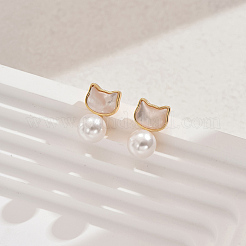 201 ステンレススチール ダングル スタッド イヤリング  模造パールと  ゴールドカラー  猫の形  13x10mm&nbsp;BY9223-3