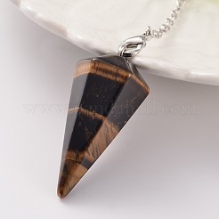 プラチナ トーン ブラス タイガーアイ コーン 六角形 先のとがったダウジング振り子  カニカン付き  230x3mm&nbsp;MAK-M015-01D