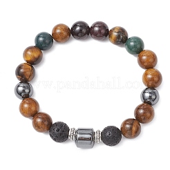 Natural Moss Agate & Lava Rock & Garnet & Tiger Eye & Non-Magnetic Synthetic Hematite Round Beads Stretch Bracelets for Men&nbsp;BJEW-JB11942