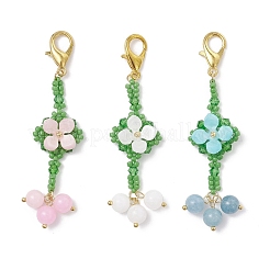 3Pcs Round Natural Blue Quartz & Dyed Yellow Jade & Malaysia Jade & Seed Glass Beaded Flower Pendant Decorations&nbsp;HJEW-MZ00397