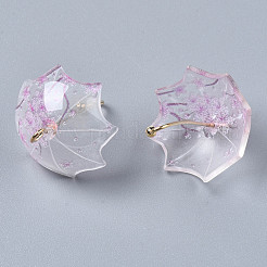 印刷されたアクリルパーツ  ゴールデンメッキ真鍮パーツ  花柄の3d傘  プラム  22~24x18x18mm  穴：1.2~1.8mm&nbsp;KY-S163-397B