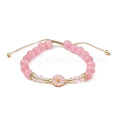 キャットアイ編み込みビーズブレスレット  女性用合金チャーム付き  ヒマワリ  ミックスカラー  内径：1-7/8~3インチ（4.7~7.5cm）&nbsp;BJEW-JB11196