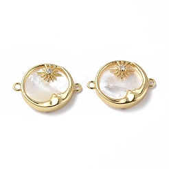 Eco-Friendly Rack Plating Brass Pave Clear Cubic Zirconia Connector Charms with White Shell&nbsp;KK-F845-02G