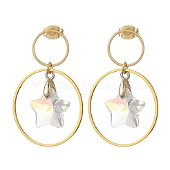 女性用真鍮製ドロップスタッドピアス  丸いリングとファセットカットされた星形のガラスチャーム付き  ゴールドカラー  38x25.5mm&nbsp;EJEW-JE07353