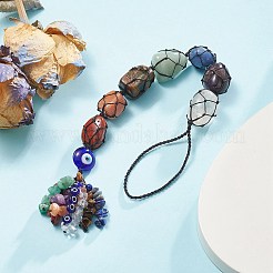 7 チャクラナゲット天然石ポケットペンダント装飾  ナイロン糸と宝石チップのタッセル吊り飾り  ブラック  340x22mm&nbsp;HJEW-JM01049-01