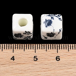 花柄プリントの磁器ビーズ  花柄のセラミックビーズ  キューブ  マリンブルー  10x10x10mm  穴：4mm&nbsp;X-PORC-Q161-6