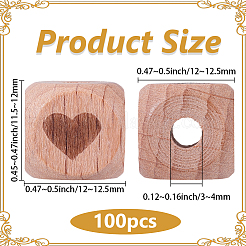 刻印入りブナ材ビーズ100個  染色されていない  キューブ  ハート  11.5~12x12~12.5x12~12.5mm  穴：3~4mm&nbsp;WOOD-PA0001-86B