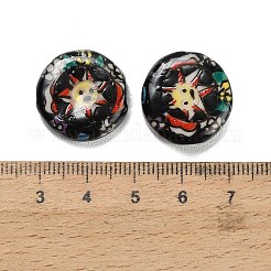 手作りの陶器ビーズ  手描き  太陽の模様を持つフラットラウンド  ブラック  19~19.5x7~7.5mm  穴：2.5mm&nbsp;LS-PORC-L084-07B