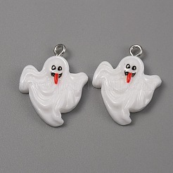 不透明樹脂ペンダント  ハロウィンチャーム  プラチナトーンの鉄ループ付き  ホワイト  ゴースト模様  22.5x18x5mm  穴：2mm&nbsp;RESI-CJC0012-19K