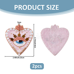 布製コンピューター刺繍縫い付けパッチ2個  スパンコールアップリケ  マスクと衣装のアクセサリー  ビーズで  ハート＆アイ  ピンク  69x62.5x7mm&nbsp;PATC-FH0001-39A
