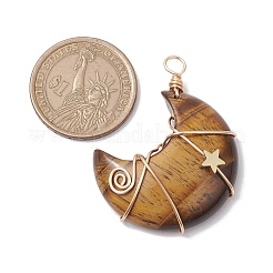 ナチュラルタイガーアイ銅線巻きペンダント  星のチャームを持つ月  ゴールドカラー  44.5x35x11.5mm  穴：4mm&nbsp;PALLOY-JF02685-01