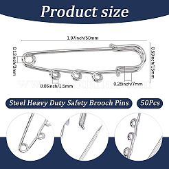 スチール製の頑丈な安全ブローチピン50個  ステンレス鋼色  50x15x7mm  穴：1.8mm  3のループ&nbsp;DIY-SC0033-19