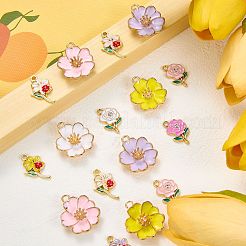 40個12スタイルライトゴールドメッキ合金エナメルペンダント  花  ミックスカラー  18~23x11.5~20x2~6mm  穴：1.6~2.5mm&nbsp;ENAM-SZ0004-51