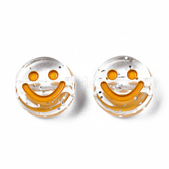 透明なアクリルビーズ  水平穴  キラキラパウダー＆エナメル入り  笑顔のフラットラウンド  ゴールド  10x5mm  穴：2mm  約1600個/500g&nbsp;MACR-N008-55G