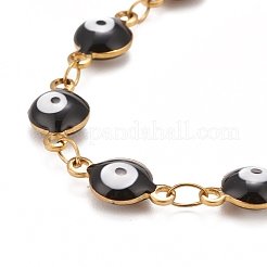 Enamel Oval with Evil Eye Link Chains Bracelet&nbsp;BJEW-P271-04G