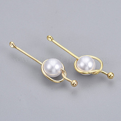 ABSプラスチックパール調ペンダント  本金メッキ真鍮パーツ  ニッケルフリー  ホワイト  32.5~36x10x8mm  穴：1.5mm&nbsp;KK-S354-009-NF