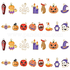 30個15スタイルアロイエナメルペンダント  ハロウィンモチーフ  ライトゴールド  混合図形  ミックスカラー  11~25.5x11~20x1.5~3mm  穴：1~1.8mm  2個/スタイル&nbsp;ENAM-FS0001-90
