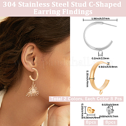 304ステンレススチールスタッドピアス金具16個  C字型  ループ付きハーフフープピアス  ミックスカラー  24x4mm  穴：2.5mm  8個/カラー  2色&nbsp;STAS-BBC0010-20A