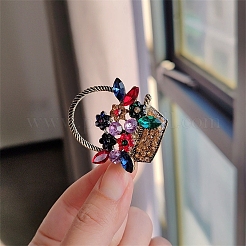 フラワーバスケットアンティークゴールド合金ラインストーンブローチ  カラフル  43x40mm&nbsp;PW-WG6DF7D-01