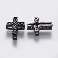 真鍮製マイクロパヴェキュービックジルコニア連バー  クロス  ブラック  ガンメタ色  13x9.5x3.5mm  穴：0.5mm&nbsp;ZIRC-G132-43B