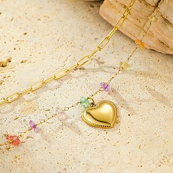 304ステンレススチールと天然宝石チップの二重層ハートペンダントネックレス、女性用  カラフル  18KGP本金メッキ  16.54インチ（42cm）&nbsp;NJEW-U031-09G