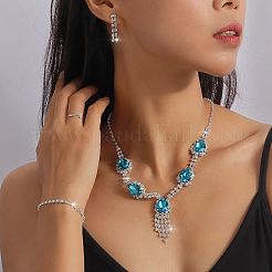 女性用ティアドロップ合金ラインストーンブレスレット＆イヤリング＆ネックレス＆リングセット  アクアマリン  ネックレス：350ミリメートル&nbsp;FS-WG7FCB3-04