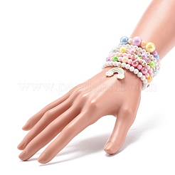アクリルビーズストレッチブレスレットセット6個。  女の子のための子供のブレスレット  合金エナメルペンダント付き  abs プラスチック模造パール ビーズと弾性クリスタル スレッド  ミックスカラー  内径：1-3/4インチ（4.5cm）&nbsp;BJEW-JB08728