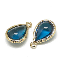 ガラスチャーム  ゴールデントーン真鍮パーツ  ティアドロップ  ドジャーブルー  18.5x12.5x7mm  穴：1.5mm&nbsp;X-GLAA-Q068-19A-04