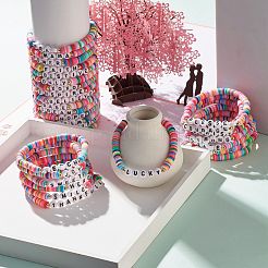 30Pcs 30 Style Polymer Clay Heishi Beaded Stretch Bracelets Set with Inspiration Word&nbsp;BJEW-JB07593
