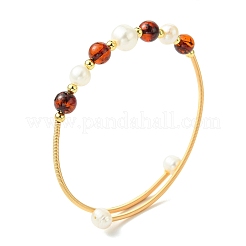 Copper French Wire & Round Natural Amber & Cultured Freshwater Pearl Cuff Bangle for Women&nbsp;BJEW-JB13990
