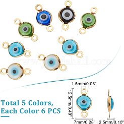 30個 5色 ハンドメイド イーブルアイ ランプワーク リンク コネクター  304ステンレススチール製金具付き  フラットラウンド  ミックスカラー  12.5x7x2.5mm  穴：1.5mm  6個/カラー&nbsp;STAS-UN0030-88