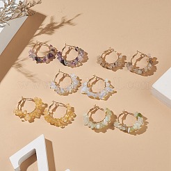 天然石チップビーズフープピアス  女性のためのゴールデントーン真鍮ワイヤーラップジュエリー  42x40x7mm  ピン：0.7mm&nbsp;EJEW-JE05175