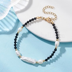 天然バロックケシパールスティックとバイコーンガラスビーズを使用した女性用ブレスレット  ゴールドカラー  ブラック  7.28インチ（18.5cm）&nbsp;BJEW-TA00726