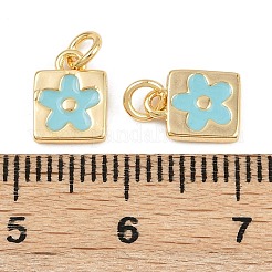 真鍮製エナメルチャーム  丸カン付き  花のチャーム付きスクエア  18KGP本金メッキ  シアン  9x7x1.5mm  穴：2.2mm&nbsp;KK-H078-02A-G02