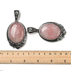 天然石ローズクォーツビッグサイズペンダントトップ  アンティークシルバーメッキ合金花付き楕円形チャーム  59x40x12mm  穴：17x6.5mm&nbsp;G-Z050-04C