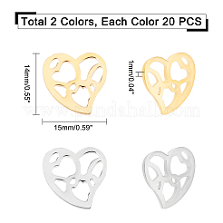 40個 2色 304ステンレススチールカボション  ハート  ゴールデン·ステンレス鋼色  14x15x1mm  20個/カラー&nbsp;STAS-DC0001-20