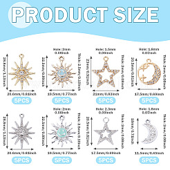 40 個 8 スタイル合金ラインストーンペンダント  月と星と太陽のチャーム  ミックスカラー  18~28.5x11.5~21x2~2.5mm  穴：1.5~2.3mm  5個/スタイル&nbsp;FIND-TA0010-80