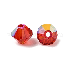 透明な電気メッキガラスビーズ  双円錐形  半分メッキ  多面カット  レッド  4x3.5mm  穴：0.8mm  約720個/袋&nbsp;GLAA-K072-02B