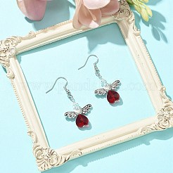 合金の妖精の翼とガラスのハートのダングル イヤリング  真鍮製のピアスピンに  アンティークシルバー  46~47x23mm&nbsp;EJEW-TA00261
