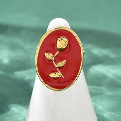 ローズ柄の楕円形304ステンレススチール製エナメル指輪（女性用）  イオンプレーティング（ip）  18KGP本金メッキ  レッド  オーバル：25.5x18.5mm  内径：17mm&nbsp;RJEW-G355-10G-02