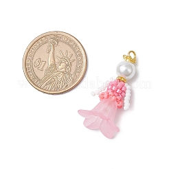 ガラスシードビーズの花の置物ペンダント  ガラスパールとアクリル  ピンク  33x18x17.5mm  穴：2.5mm&nbsp;PALLOY-MZ00686-03